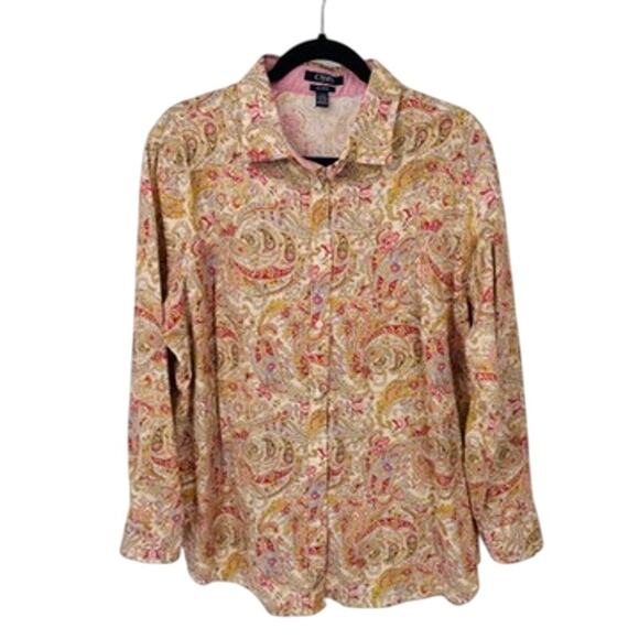 Chaps Button Up Shirt Womens Plus 2X Tan Pastel Paisley‎ Print No Iron Cotton - Picture 1 of 8